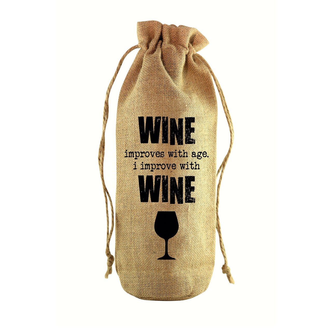 GC Home & Garden 16" Brown and Black Printed "Wine Improves with Age" Jute Wine Bottle Sack